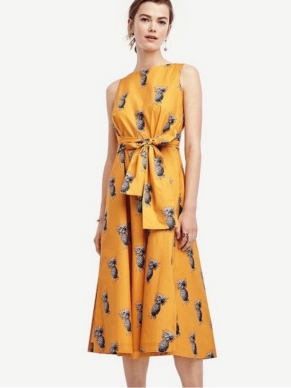 Ann Taylor Pineapple-Print Tie-Waist Sleeveless Midi Dress in Mustard